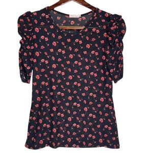 L Ember Rose top, stretchy sheer floral top, ruched sleeves